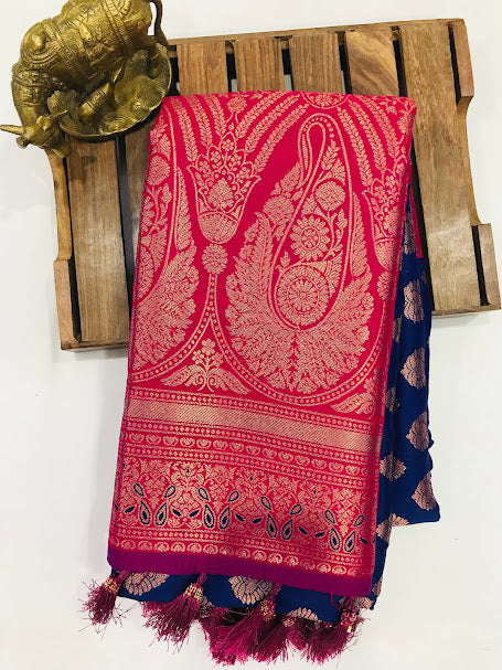 Appealing Blue color Soft Silk saree With Butta Motifs And Fancy Tassels With Contrast Rich pallu In Tempe