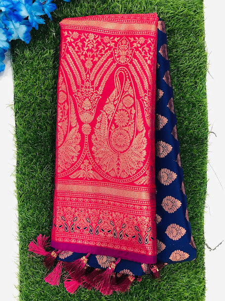 Appealing Blue color Soft Silk saree With Butta Motifs And Fancy Tassels With Contrast Rich pallu In USA