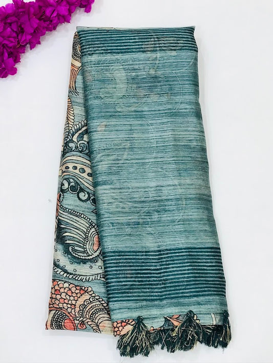 Gorgeous Gray Color Cotton Peacock Designed Saree For Women