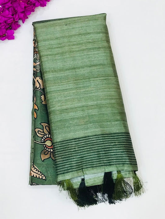 Attractive Green Color Cotton Floral And Peacock Designed Saree For Women