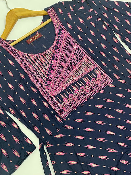 Dark Blue Color Embroidery And Sequins Work Kurti In Sedona