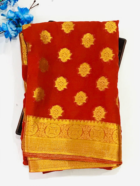 Red Color Georgette Chiffon Saree With Flower Motifs Near Me