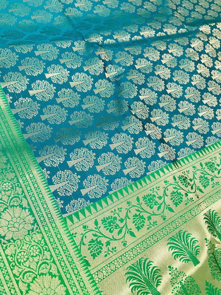 Ravishing Blue Colored Art Silk Saree And Contrast Rich Pallu With Butta Motifs For Women In Yuma