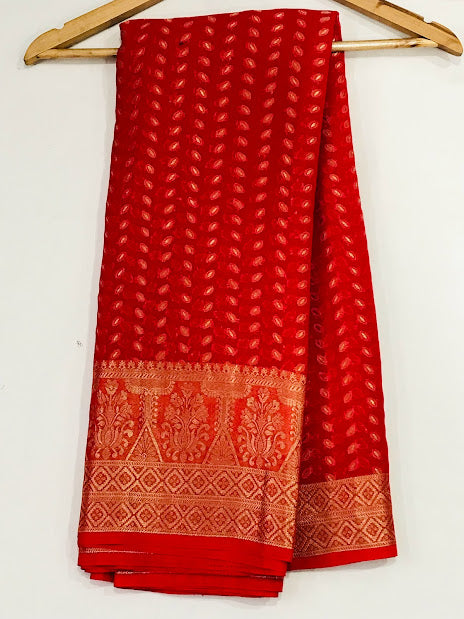  Georgette Saree With Leaf Designs And Fancy Tassels in Sun City