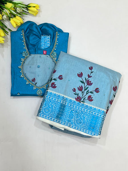 Sky Blue Color Art Silk With Printed And Stone Work Langa Sets Near Me