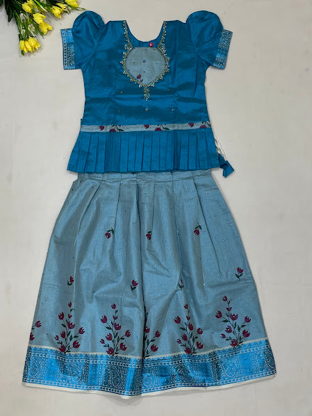 Stunning Sky Blue Color Art Silk With Printed And Stone Work Langa Sets For Girls