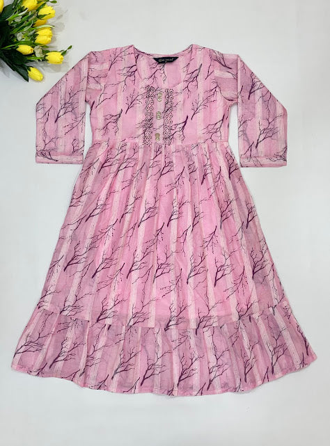Wonderful Pink Color Tissue Silk Work And Stone Work Girls Kurti