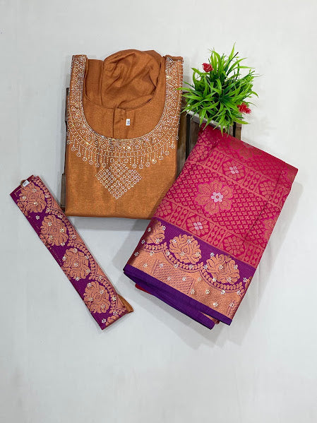 Copper And Pink Color Silk With Zari And Stone Work Langa Sets In USA