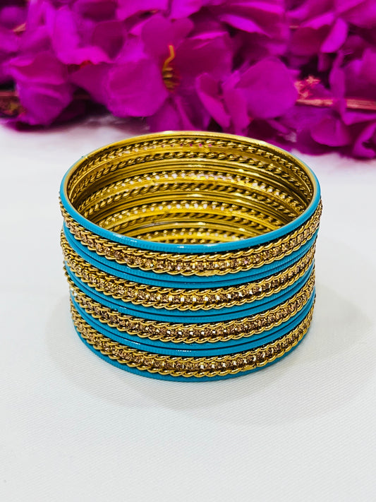 Lovely Sky Blue Color Metal Bangles With Gold Spiral Design For Women