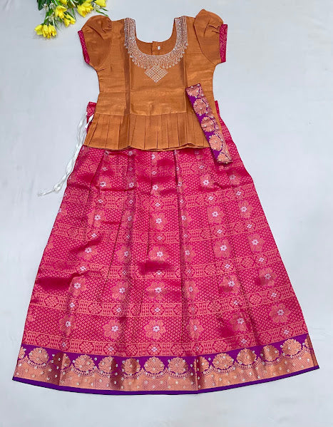 Amazing Copper And Pink Color Art Silk With Zari And Stone Work Langa Sets For Girls