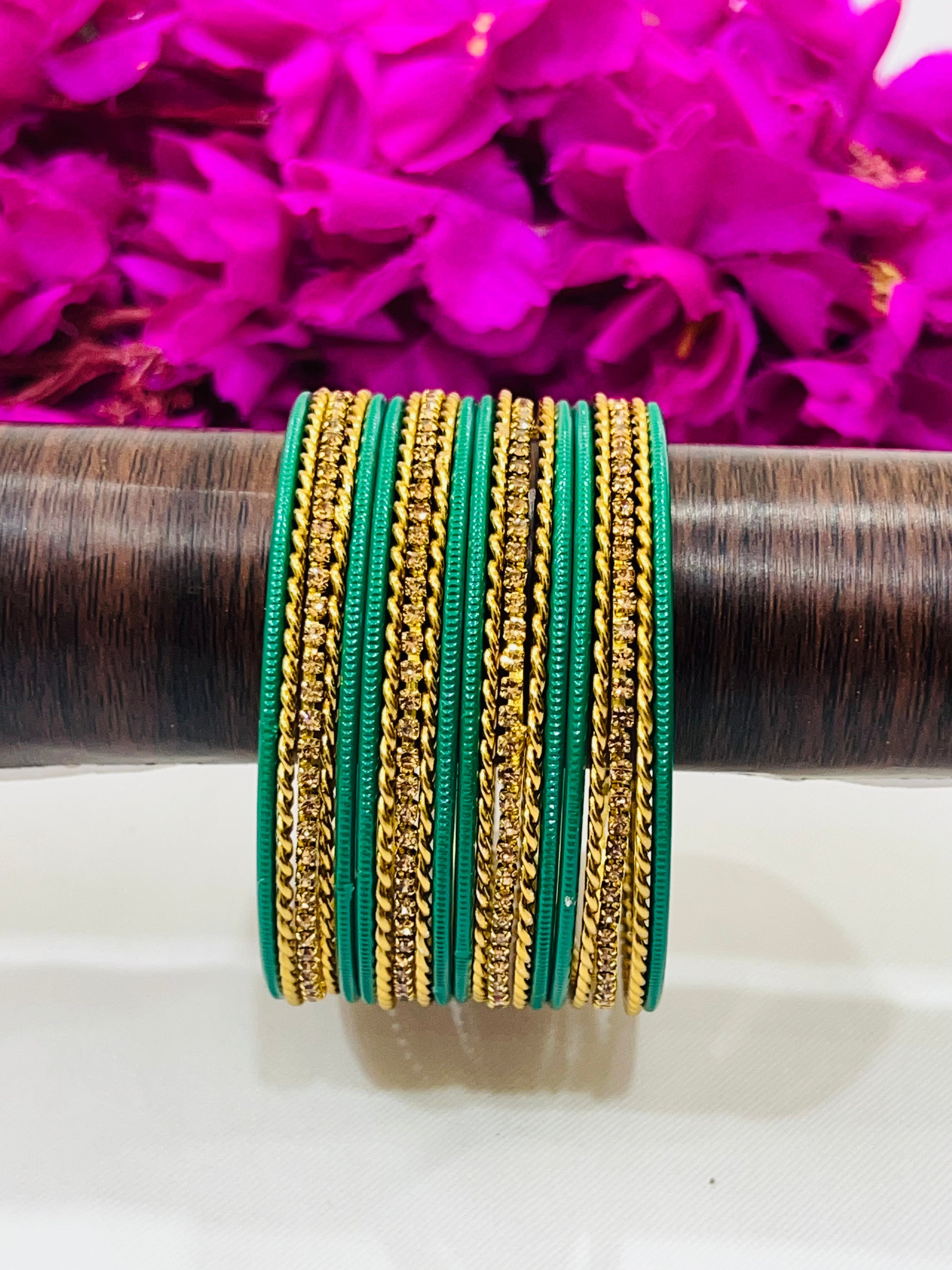 Lovely Green Color Metal Bangles With Gold Spiral Design In Suncity