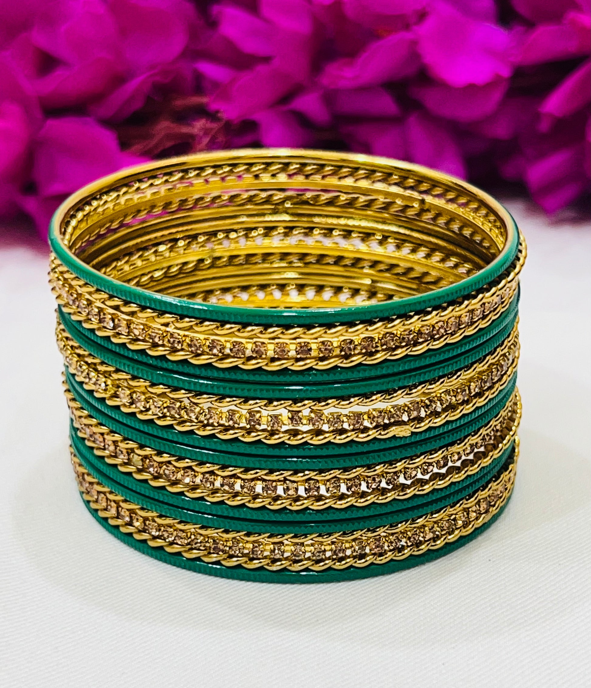 Charming Green Color Metal Bangles With Glitter Stones For Women