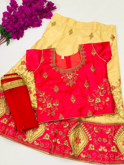 Magnificent Pink Color Satin Silk Lehenga Choli With Embroidery Work For Kids