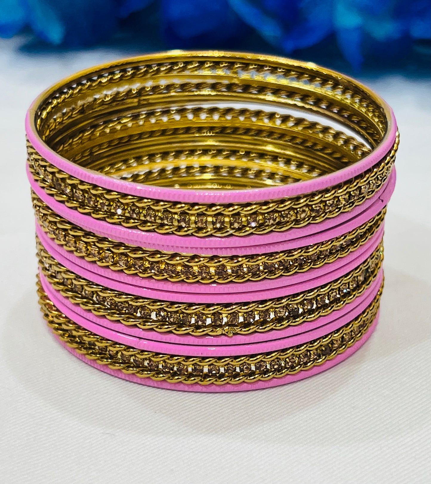 Gorgeous Pink Color Metal Bangles With Stones For Women