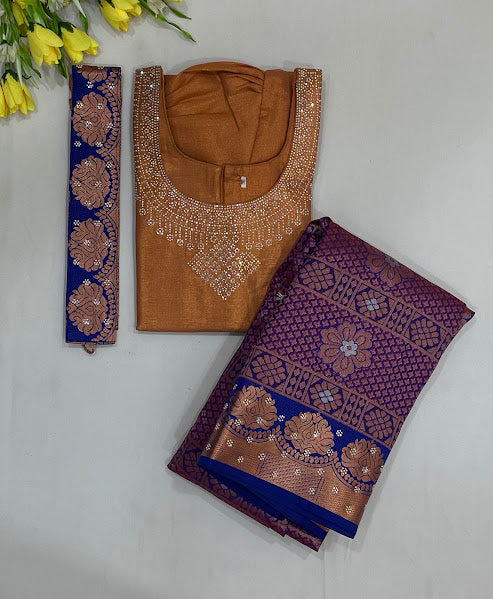 Alluring Copper And Viloet Color Art Silk With Zari And Stone Work Langa Sets Near Me