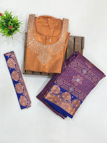 Copper And Viloet Color Art Silk With Zari And Stone Work Langa Sets In USA