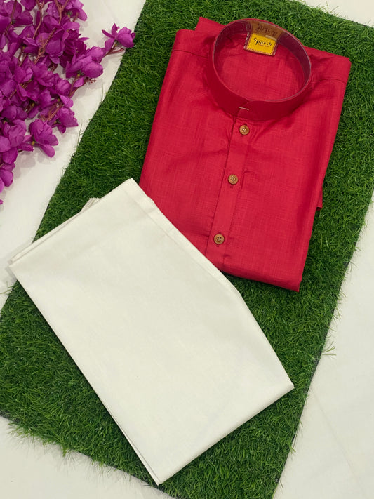 Elegant Red Color Cotton Kurta With Pajama Pants For Kids