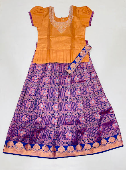 Alluring Copper And Viloet Color Art Silk With Zari And Stone Work Langa Sets For Girls