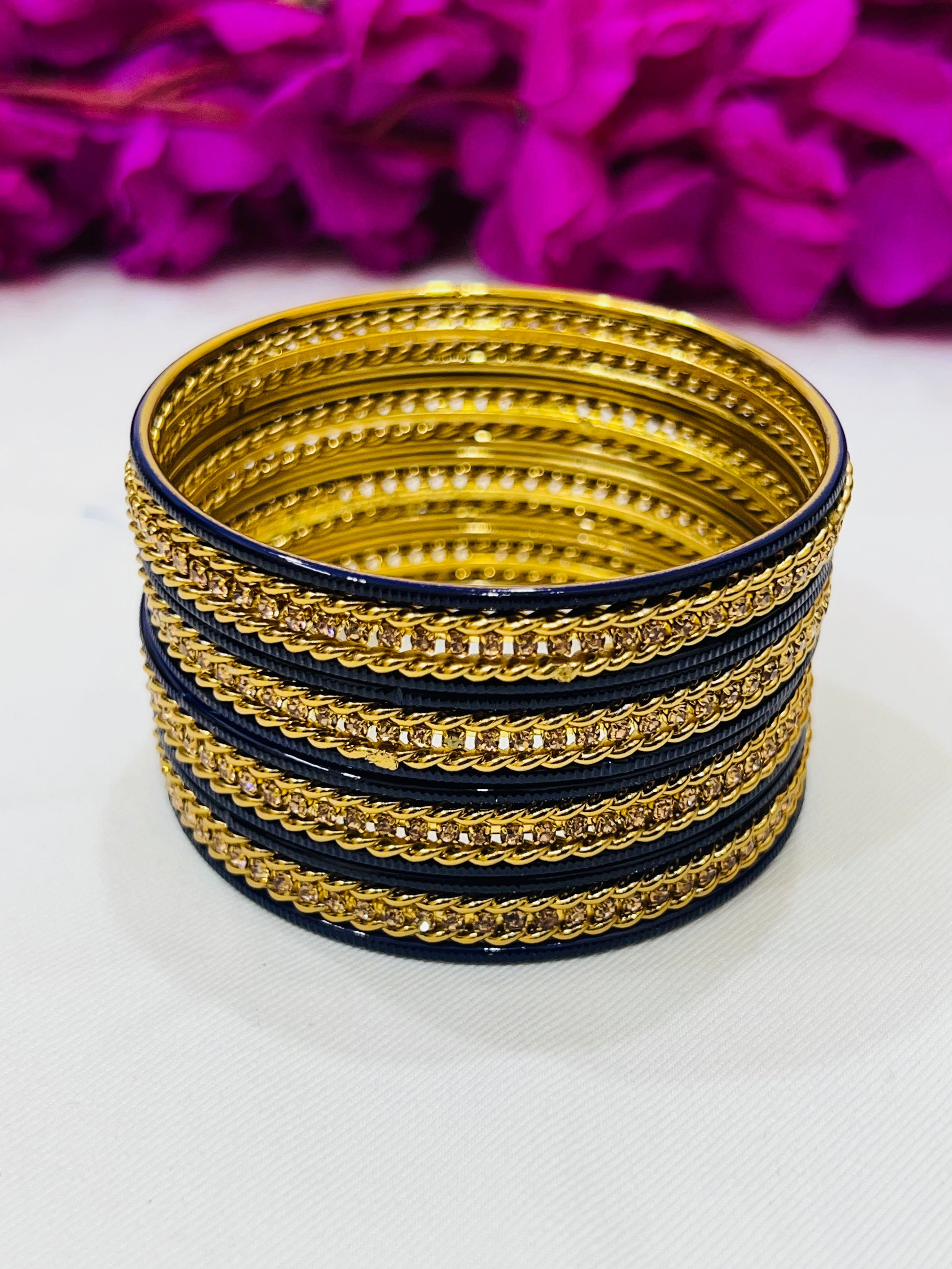 Exquisite Navy Blue Color Metal Bangles With Golden Stone For Women