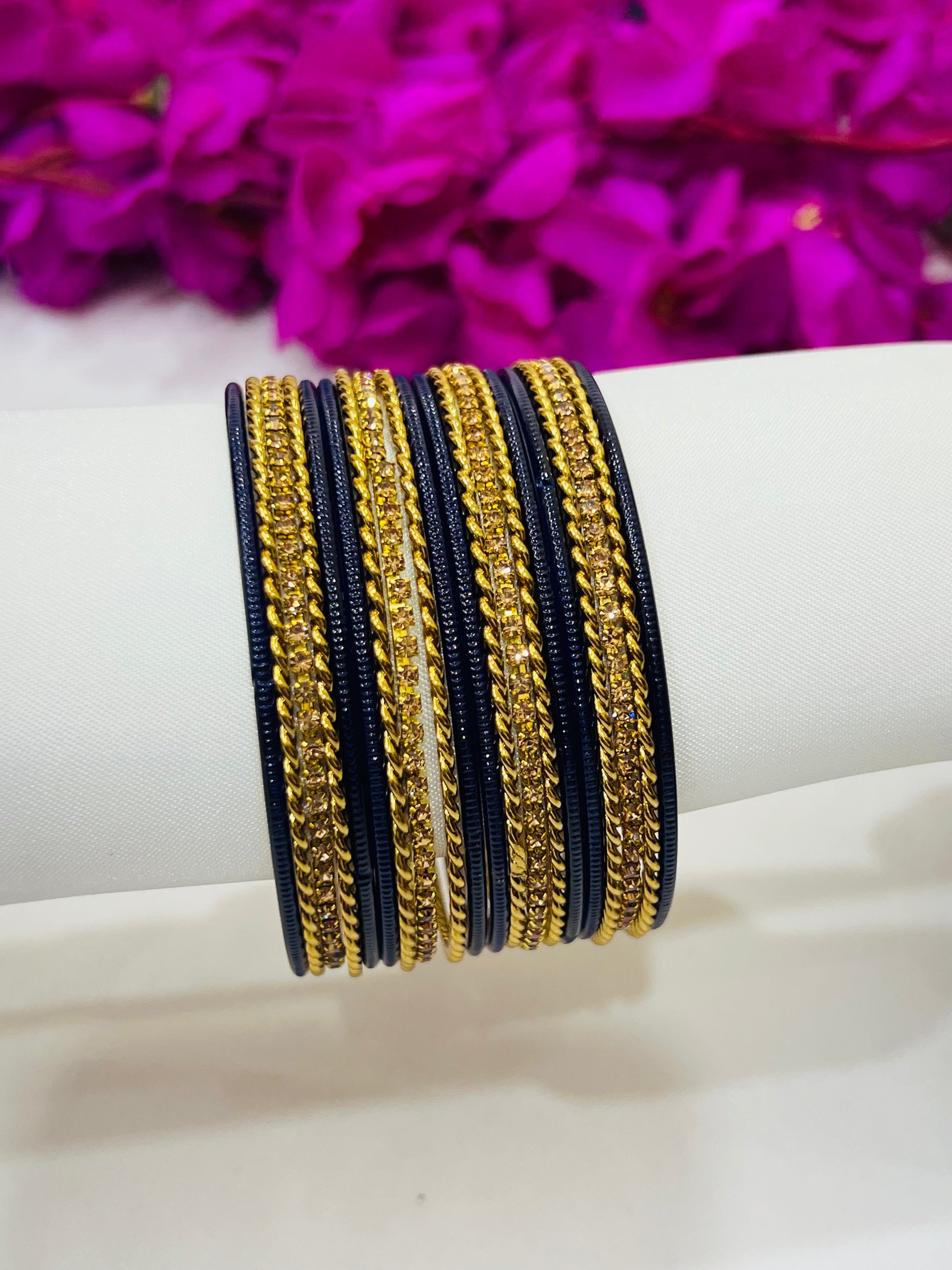 Exquisite Navy Blue Color Metal Bangles With Golden Stone Near Me