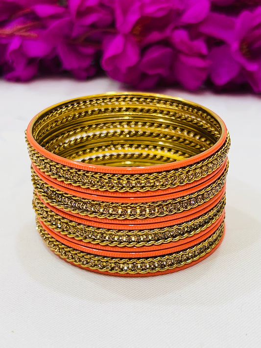 Appealing Orange Color Metal Bangles With Stone Work For Women