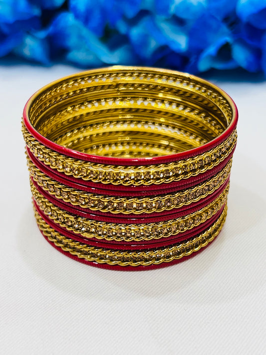 Delightful Red Color Metal Bangles With Glimmer Stone Work For Women