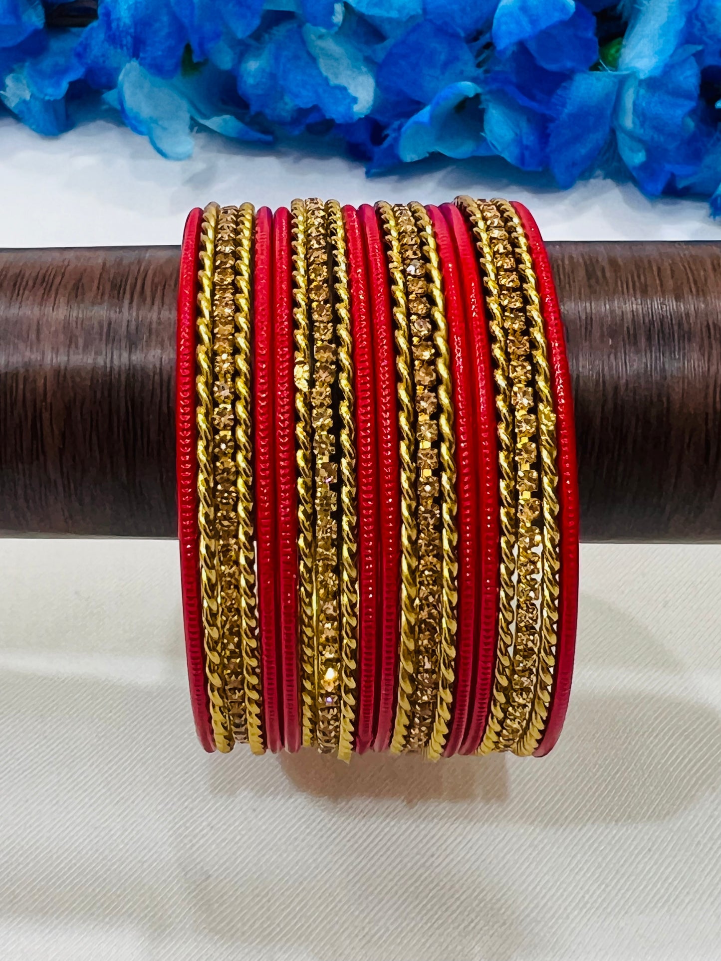 Delightful Red Color Metal Bangles With Glimmer Stone Work In Mesa