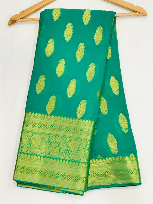 Fabulous Green Color Designer Georgette Saree With Rich Pallu In Sedona