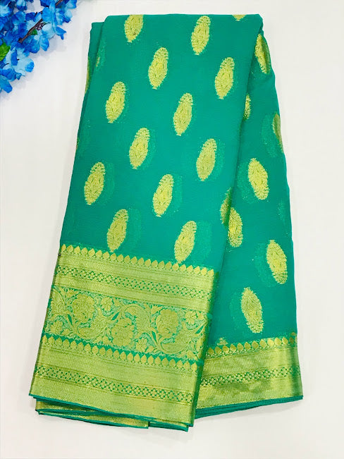 Fabulous Green Color Designer Georgette Saree With Butta Motifs And Rich Pallu