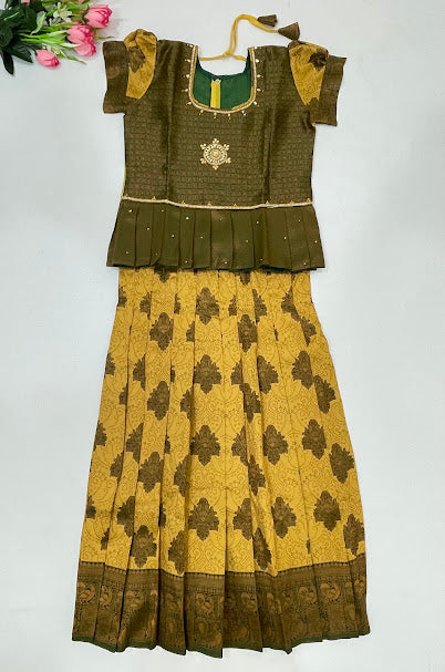 Beautiful Green Color Art Silk Langa Sets With Stone Work For Girls
