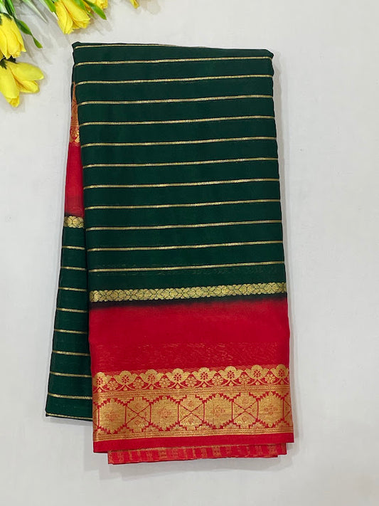 Alluring Green And Red Color Crepe Silk Saree With Printed Zari Work For Women