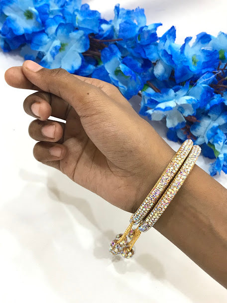 Glittering White Colored Stone Metal Bangles With Beaded And Stone Ball Design Near Me