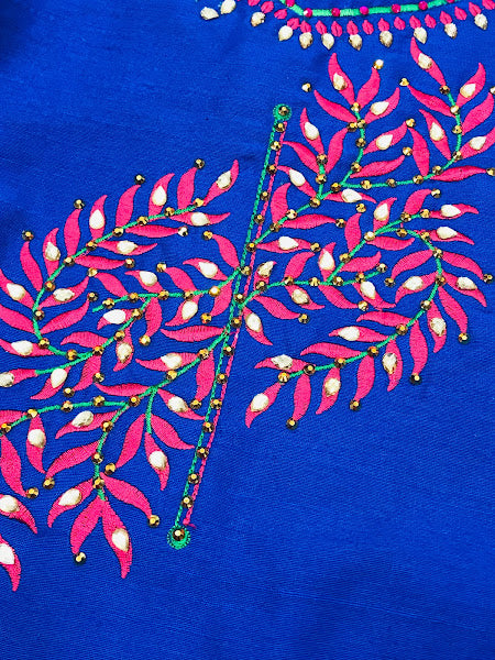 Pleasing Art Silk Blue And Pink Embroidered Work Langa Set Near Me