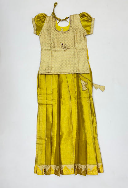 Wonderful Cream Color Art Silk Langa Sets With Stone And Zari Work For Girls 