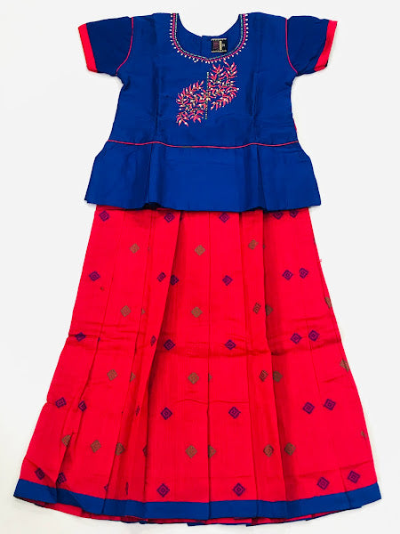 Pleasing Art Silk Blue And Pink Embroidered Work Langa Set