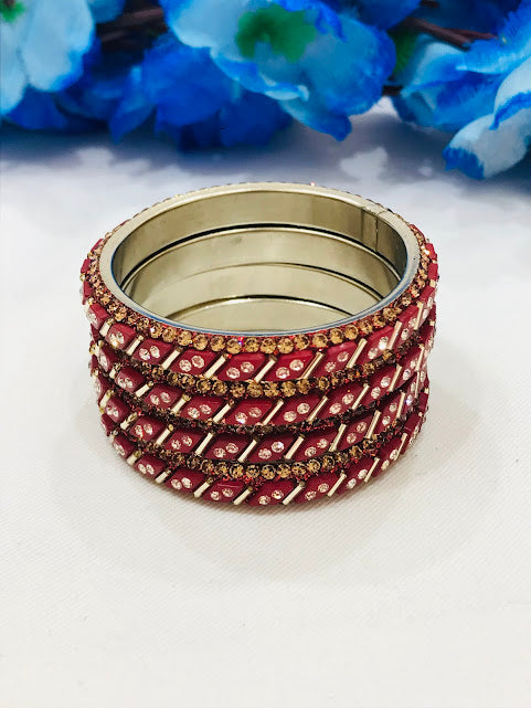 Beautiful Maroon Colored Stone Metal Bangles For Girls