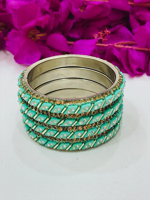 Gorgeous Pista Green Colored Stone Work Metal Bangles For Girls