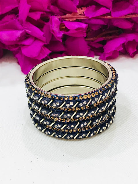 Appealing Blue Colored Stone Work Metal Bangles For Girls