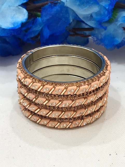 Gorgeous Peach Colored Stone Work Metal Bangles For Girls