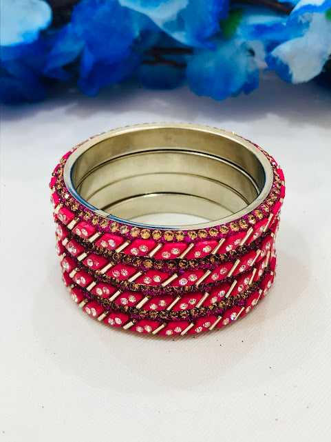 Attractive Metal Pink Colored Stone Work Bangles For Girls