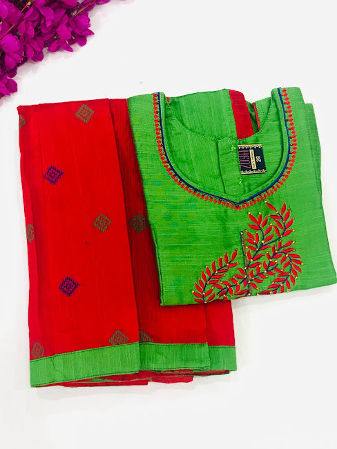 Gorgeous Silk Cotton Green And Red Color Embroidered Work Langa Set Near Me