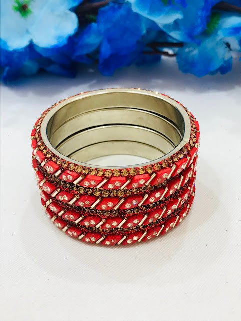 Beautiful Stone Work Red Colored Metal Bangles For Girls