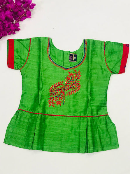 Gorgeous Silk Cotton Green And Red Color Embroidered Work Langa Set In USA