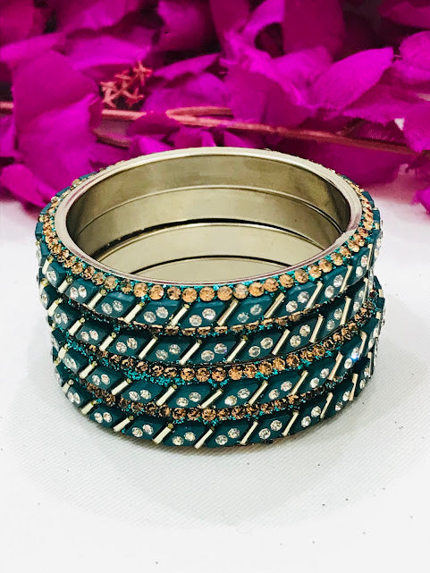 Beautiful Green Colored Stone Work Metal Bangles For Girls