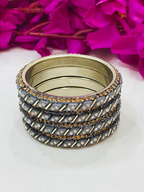 Charming Grey Colored Stone Work Metal Bangles For Girls