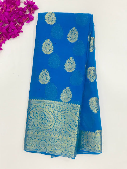 Gorgeous Sky Blue Color Designer Georgette Sarees With Flower Motifs Contrast Border