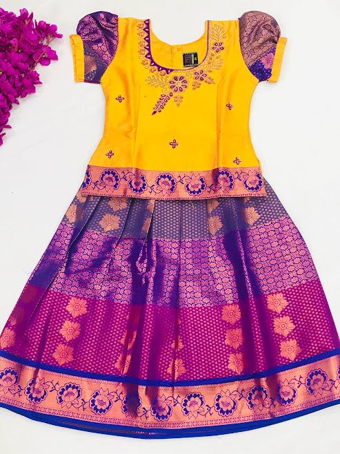 Appealing Yellow And Violet Color Designer Silk Langa Set