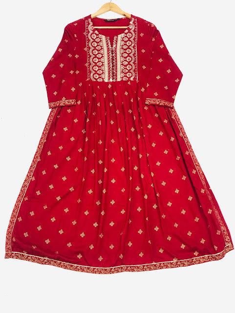 Delightful Red Color Embroidery With Sequence Work Rayon Kurti For Women