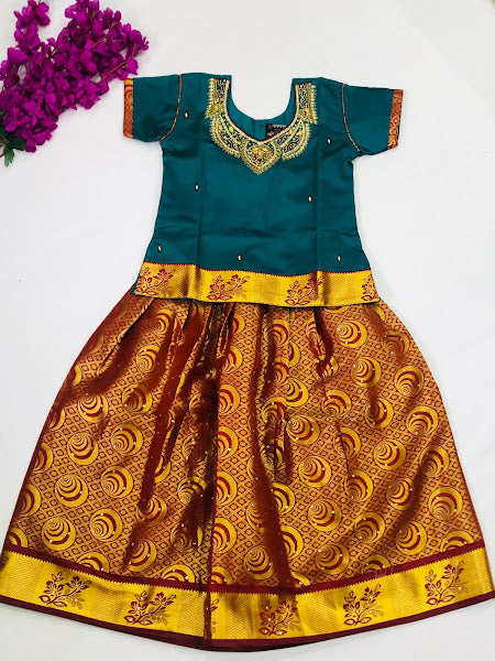 Stunning Green Color Pattu Langa Set With Embroidery And Stone Work