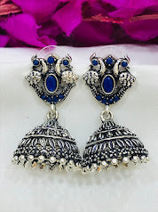 Elegant Blue Colored Peacock Design Silver Oxidized Jhumka Earrings